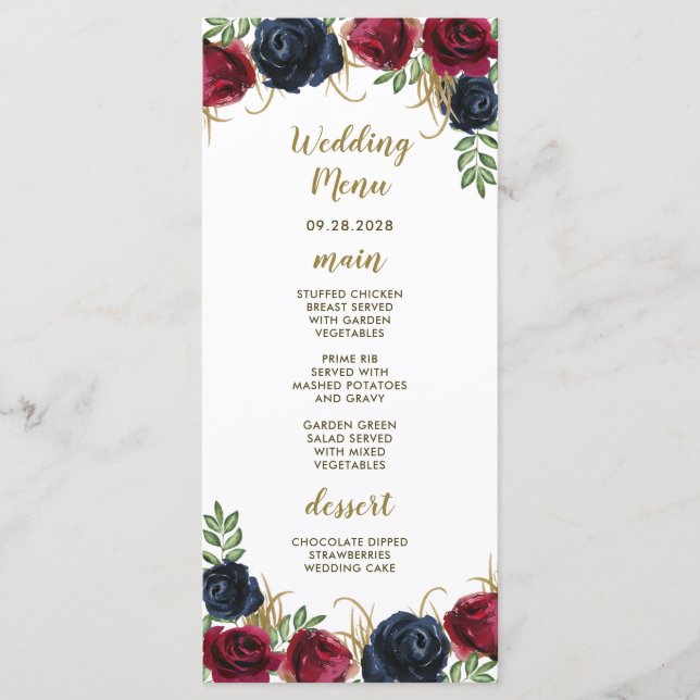 Cartes de menu de mariage bohème rustique bleu mar (Devant)