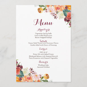 Cartes de menu de mariage de fleur de chute, rouge