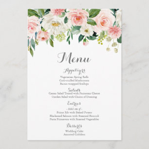 Cartes de menu de mariage de fleur rose et blanche