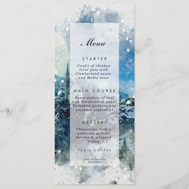 cartes de menu de mariage de vacances de scène de  (Devant)