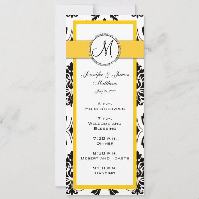 Cartes de menu de mariage en damassé noir jaune (Devant)