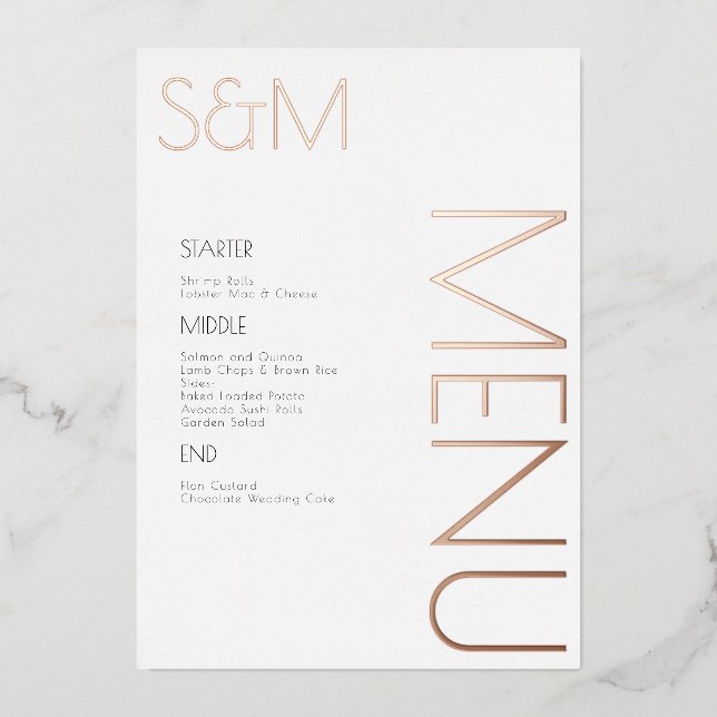 Cartes de menu de mariage initiales grasses pressé (Recto)