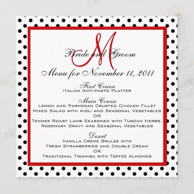 Cartes de Menu de Mariage Points Rouge Monogramme  (Devant)