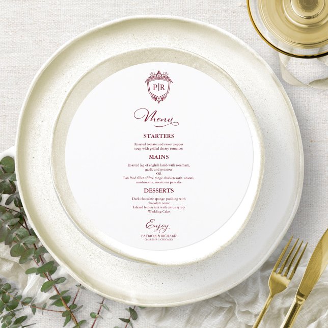 Cartes de menu de mariage rondes monogramme bordea (Créateur téléchargé)