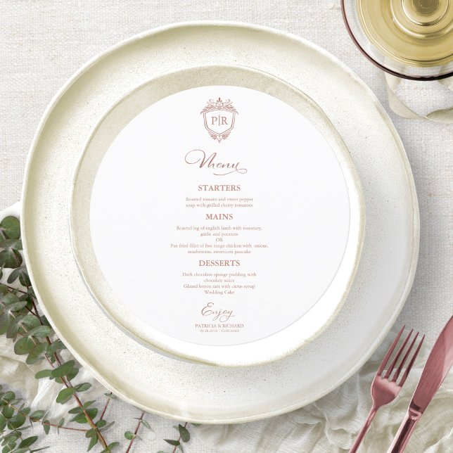 Cartes de menu de mariage rondes monogramme Rose G (Créateur téléchargé)