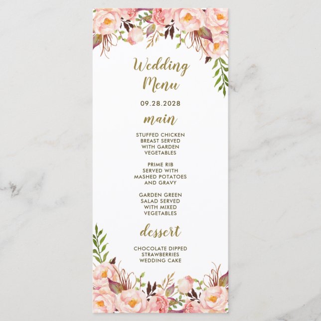 Cartes de menu de mariage rose et or Pivoine Blush (Devant)