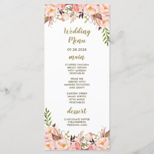 Cartes de Menu de Mariage Rose Pivoine et Or