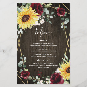 Cartes de menu de mariage rustique avec tournesols