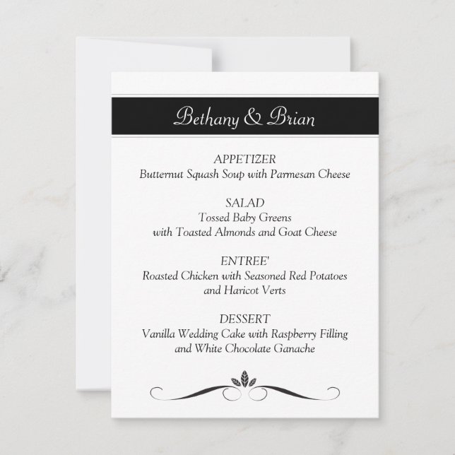 Cartes de menu de réception noir et blanc (Devant)