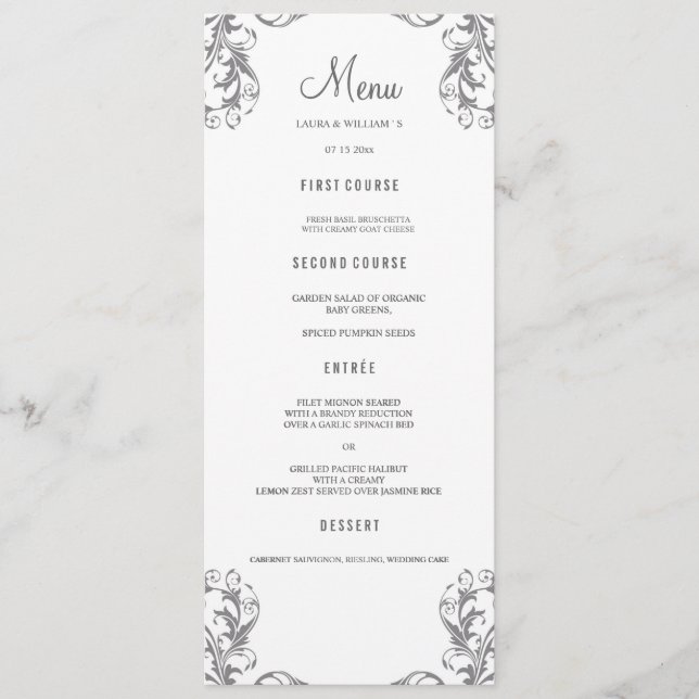 Cartes de menu du dîner mariage | Style gris Damas (Devant)