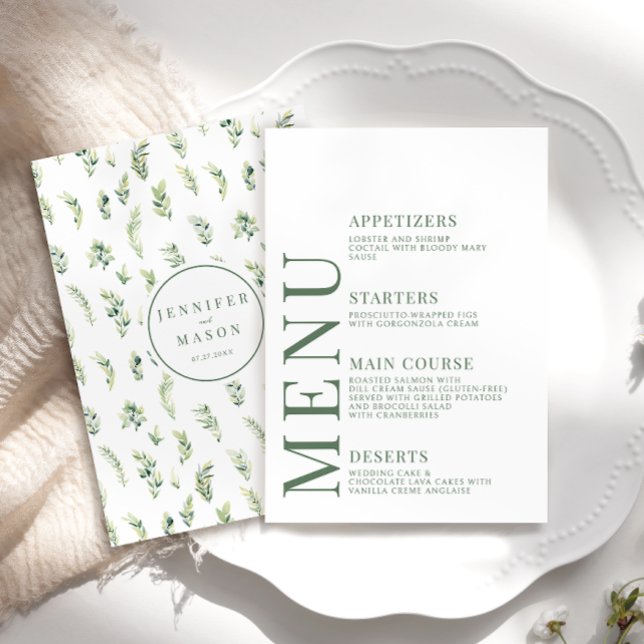 Cartes de menu du mariage botanique rustique feuil (Créateur téléchargé)