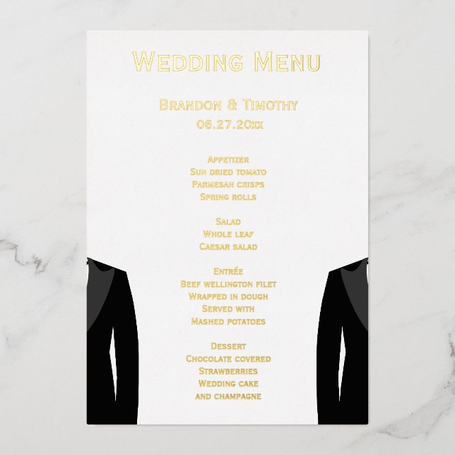 Cartes de menu élégantes pour mariage gay avec feu (Recto)