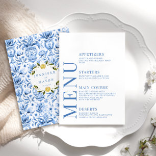 Cartes de menu italien mariage en porcelaine bleue