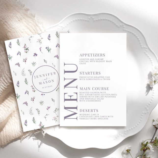 Cartes de menu mariage à motif floral lavande viol (Créateur téléchargé)