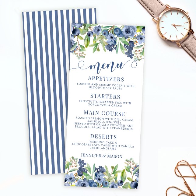Cartes de menu mariage aux fleurs de bleuets éléga (Créateur téléchargé)