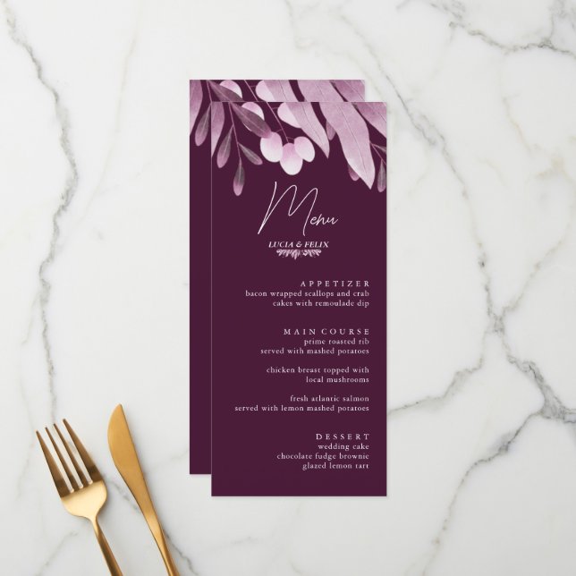 Cartes de menu Mariage Big Leaf en Bourgogne (Devant/Arrière en situation)