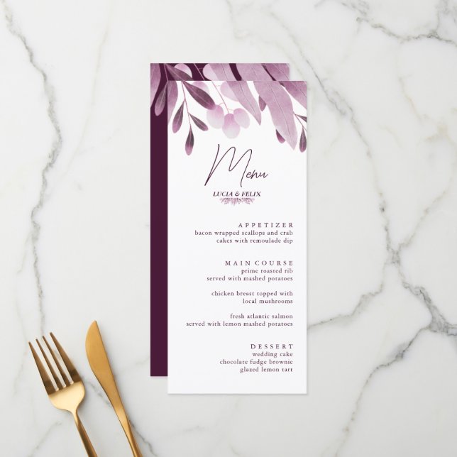 Cartes de menu Mariage Big Leaf en Bourgogne (Devant/Arrière en situation)