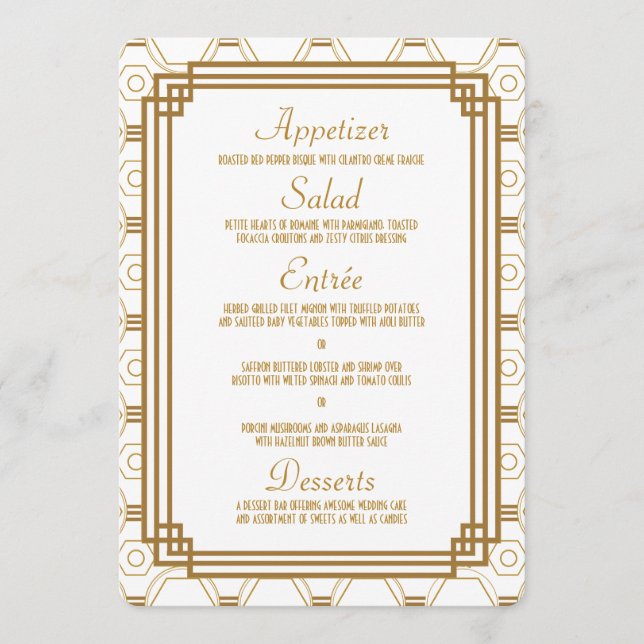 Cartes de menu Mariage blanc Art déco (Devant)