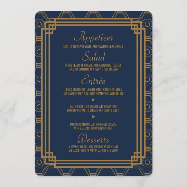 Cartes de menu Mariage bleu Art déco simple (Devant)