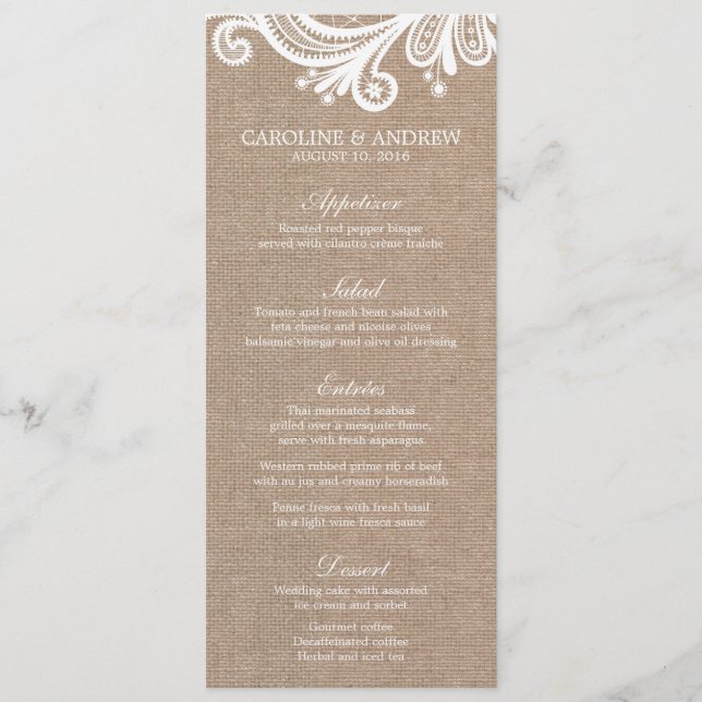 Cartes de menu Mariage Burlap et Lace (Devant)