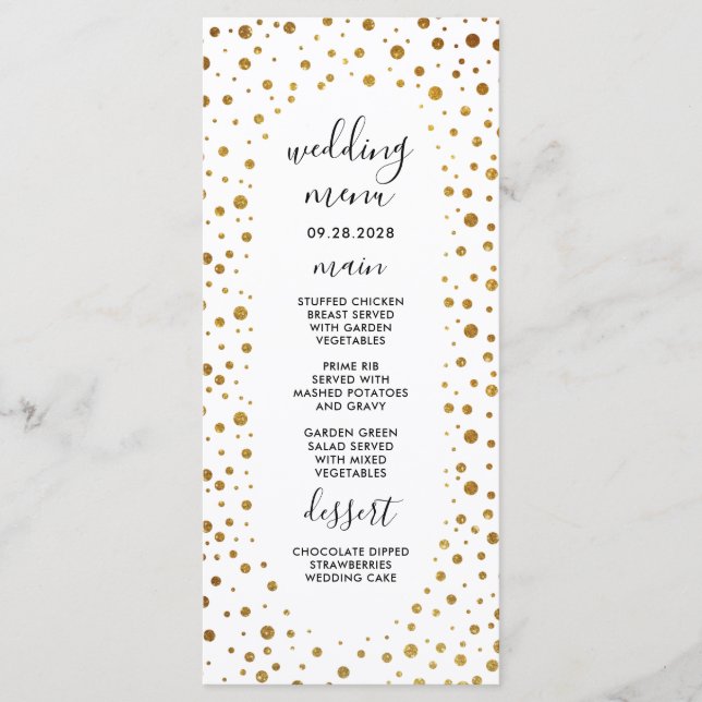 Cartes de menu Mariage Confetti Blanc et Or (Devant)