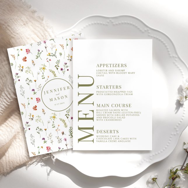 Cartes de menu mariage couleur fleur sauvage vert  (Créateur téléchargé)