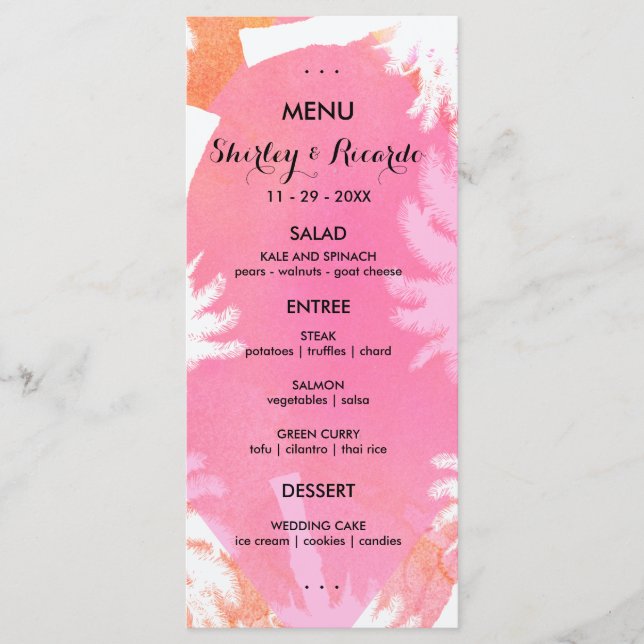 Cartes de menu Mariage d'été Tropical (Devant)