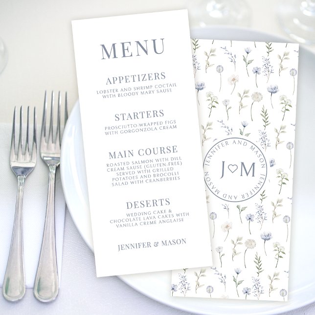 Cartes de menu mariage fleur sauvage bleu (Créateur téléchargé)