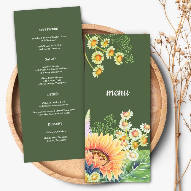 Cartes de menu Mariage Fleur sauvage de tournesols (Créateur téléchargé)