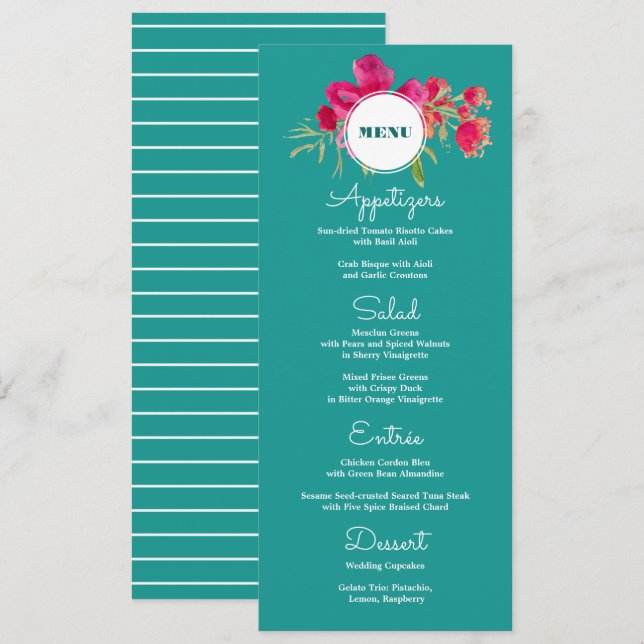 Cartes de menu Mariage Floral Fuchsia Turquoise (Devant / Derrière)