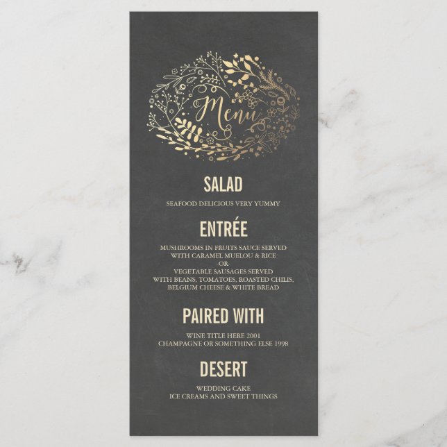 Cartes de menu mariage Gold Florals (Devant)