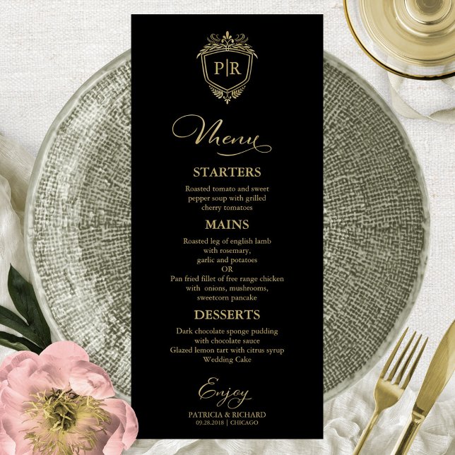 Cartes De Menu Mariage Monogramme Noir Et Or (Créateur téléchargé)