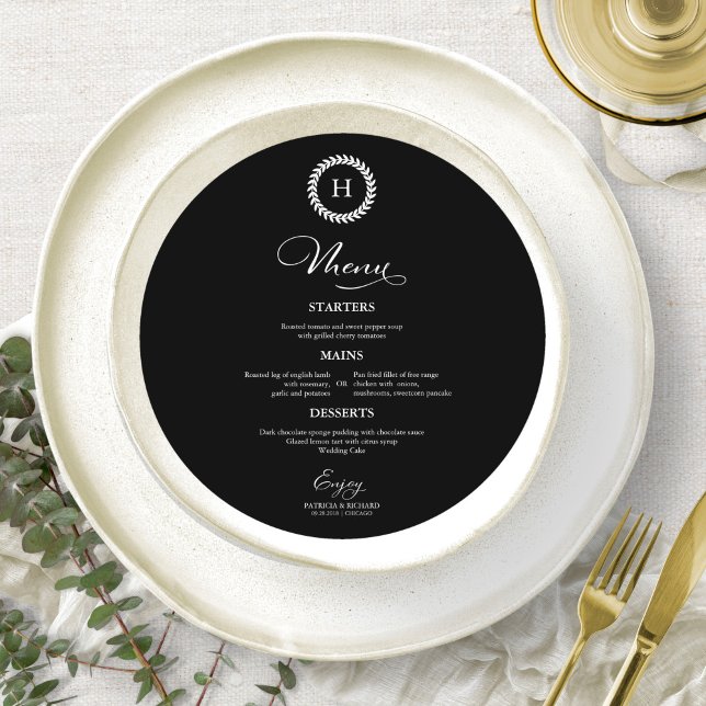 Cartes de menu Mariage Monogramme Wreath Noir (Créateur téléchargé)