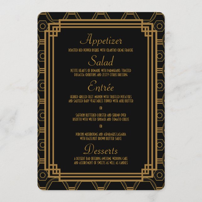Cartes de menu Mariage noir Art déco (Devant)