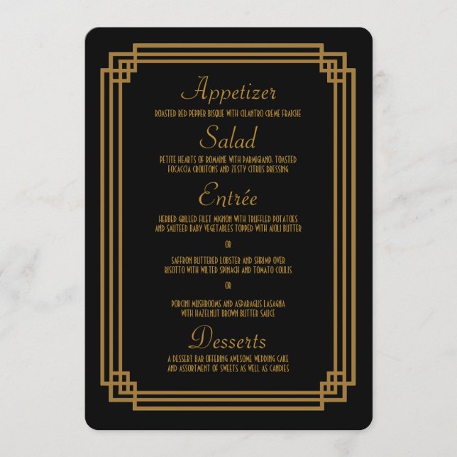 Cartes de menu Mariage noir Art déco simple (Devant)