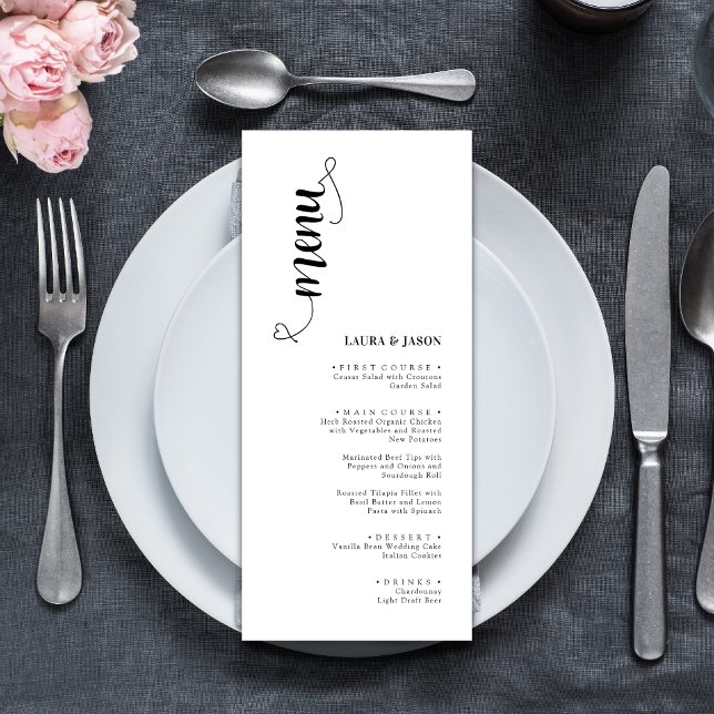 Cartes de menu Mariage noir et blanc simples (Créateur téléchargé)