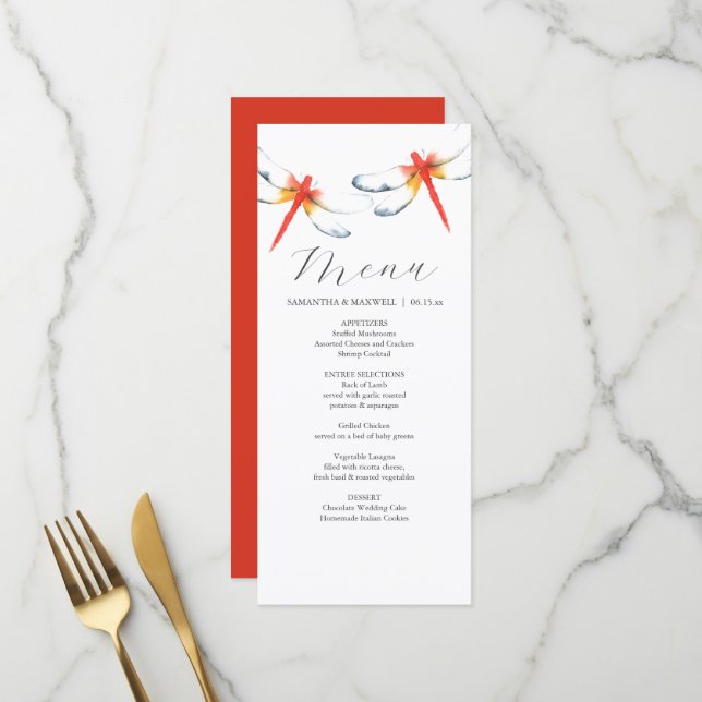 Cartes de menu Mariage personnalisées Rouge libell (Devant/Arrière en situation)