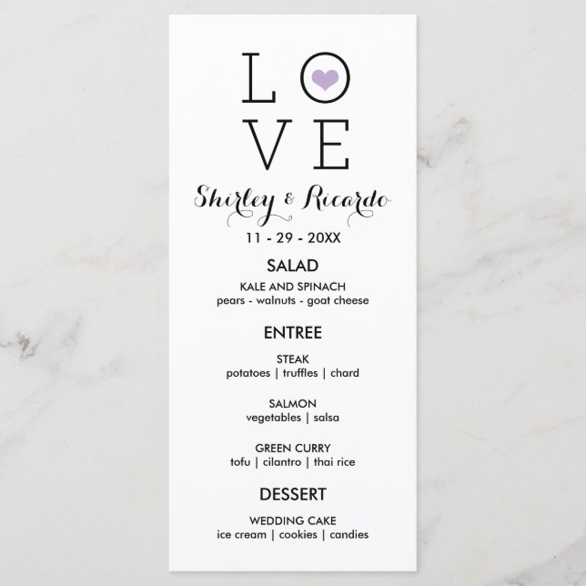 Cartes de menu Mariage Purple Simple Love (Devant)