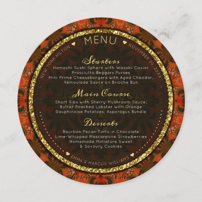 Cartes de menu Mariage rondes Burange Gold Eastern (Devant)