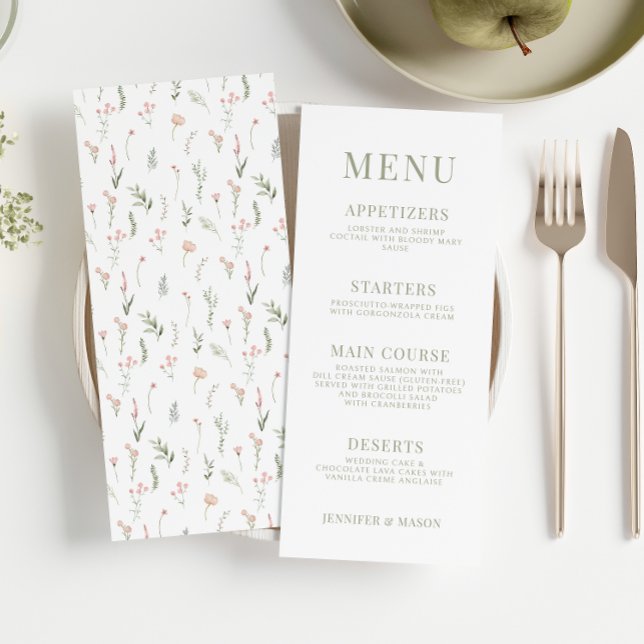 Cartes de menu mariage rustique à fleurs rose pâle (Créateur téléchargé)
