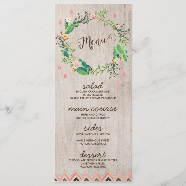 Cartes de menu Mariage Rustique Peint Cactus du dé (Devant)