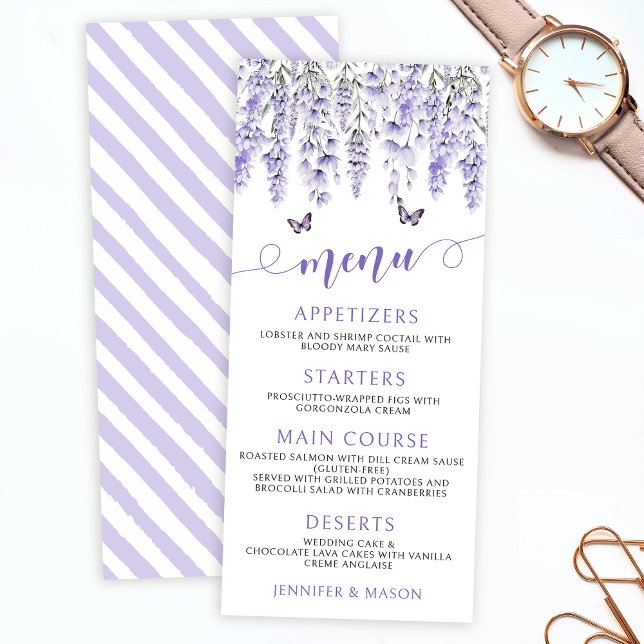 Cartes de menu mariage violet lavande fleurie (Créateur téléchargé)