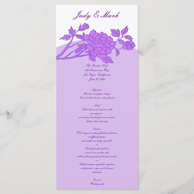 Cartes de menu personnalisées à fleurs violettes (Devant)