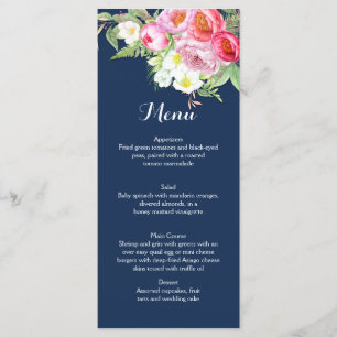 Cartes de menu Pink and Navy Blue Watercolor Flowe