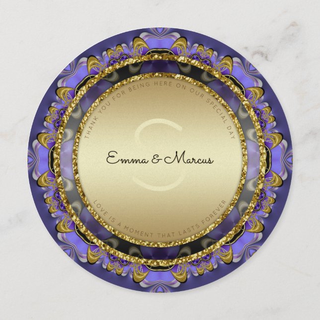 Cartes de menu rondes violettes or élégant glam (Dos)