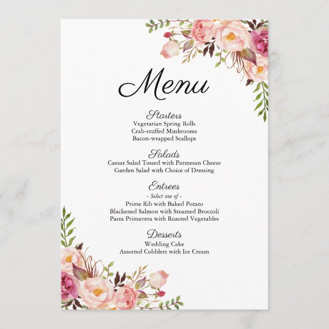 Cartes de menu Rustic Rose Floral Mariage (Devant)