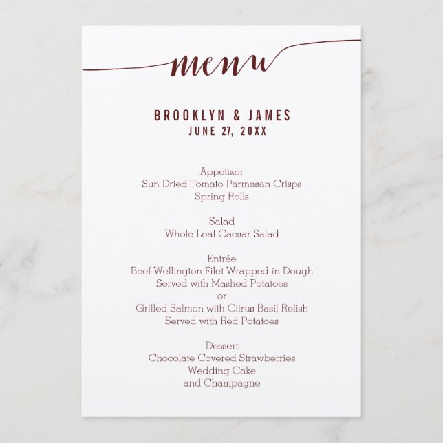 Cartes De Menu Simple Mariage Bourgogne Sur Papier (Devant)