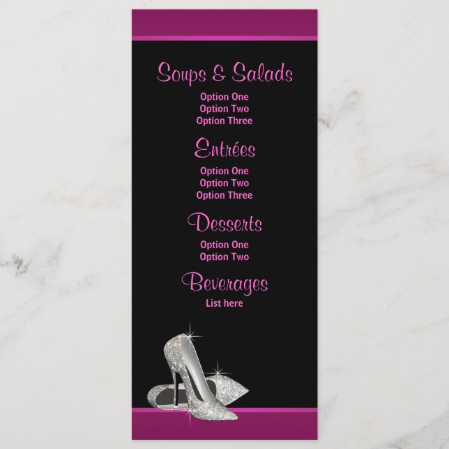 Cartes de menu Talons hauts à paillettes rose vif (Devant)