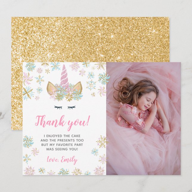 Cartes de Merci d'anniversaire d'hiver de licorne (Devant / Derrière)