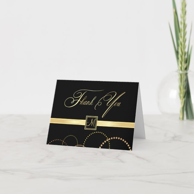 Cartes de Merci de monogramme - noir et or (Devant)